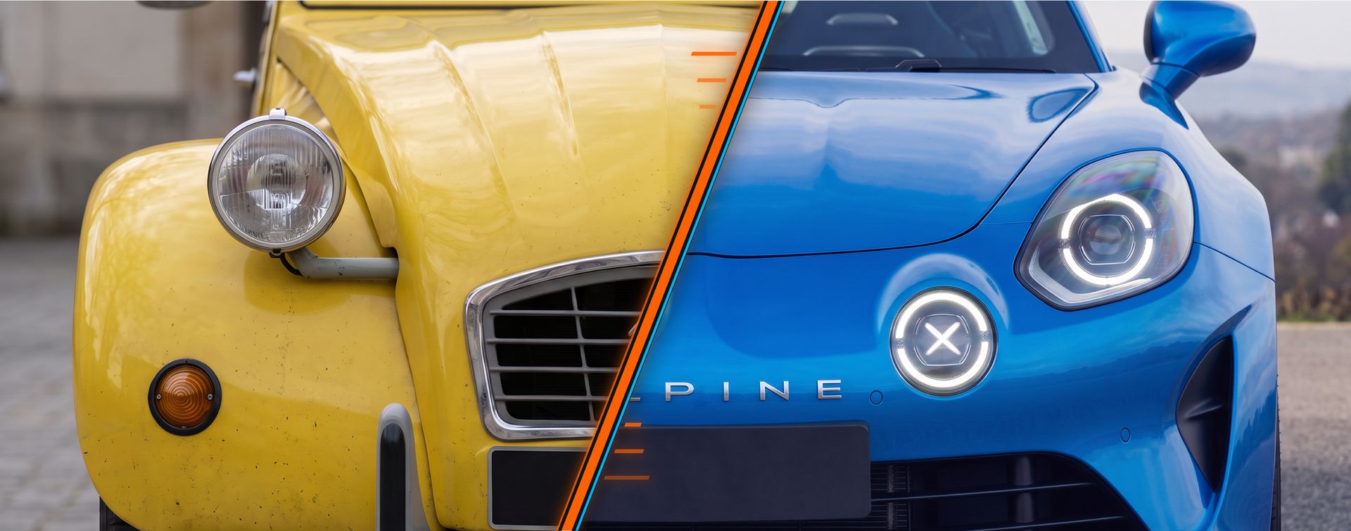 Une 2CV jaune et une Alpine bleue côte à côte